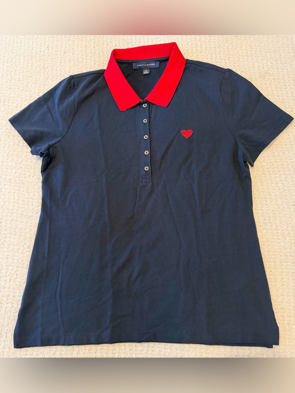 Tommy Hilfiger Polo Shirt Size L/G Navy Red Heart Logo Short Sleeve